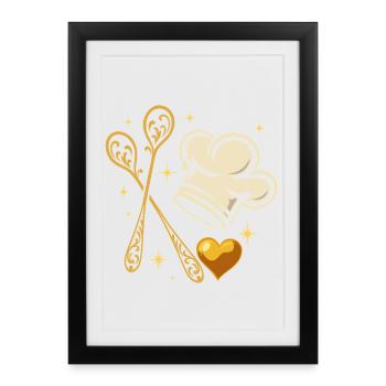 Toque de chef dorée avec cuillères en bois - Affiche encadrée (27 × 37 cm) - noir - Devant