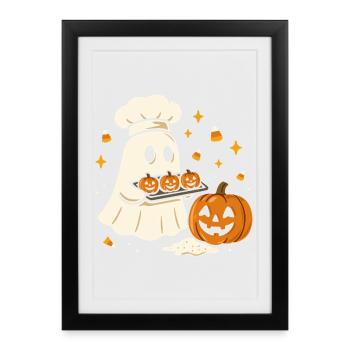 Halloween ghost with chef's hat and pumpkin - Framed poster (27 × 37 cm) - black - Front