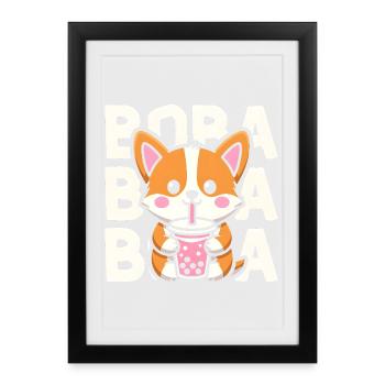 Cute Corgi Dog Enjoying Delicious Boba Tea - Framed poster (27 × 37 cm) - black - Front