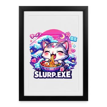 Kawaii Cat Ramen Nouilles Anime Chat - Affiche encadrée (27 × 37 cm) - noir - Devant