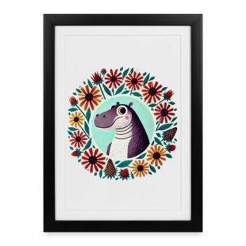 Dino in Floral Circle - Framed poster (27 × 37 cm) - black - Front