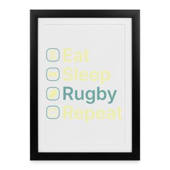 Manger et dormir Rugby Répéter Cadeau drôle de joueur de rugby - Affiche encadrée (27 × 37 cm) - noir - Devant