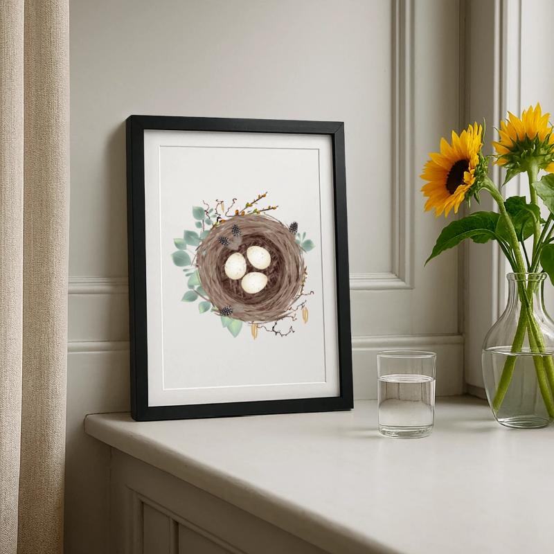 Vogelnest oder Osternest mit drei Eier und Federn Gerahmtes Poster (27 × 37 cm)
