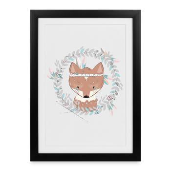 petit renard avec décoration en plumes dans cadre ethno - Affiche encadrée (27 × 37 cm) - noir - Devant