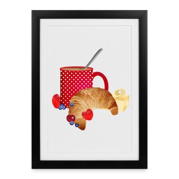 Petit déjeuner nature morte avec croissant, café, baies - Affiche encadrée (27 × 37 cm) - noir - Devant
