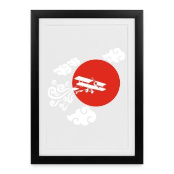 Avion blanc et soleil rouge - Affiche encadrée (27 × 37 cm) - noir - Devant