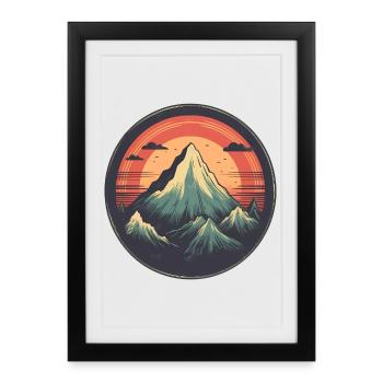 Panorama de montagne stylisé avec coucher de soleil - Affiche encadrée (27 × 37 cm) - noir - Devant