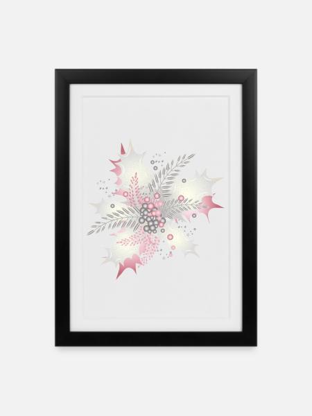 Stechpalmenzweig in weiß,silber und Altrosa - Gerahmtes Poster (27 × 37 cm) - Schwarz