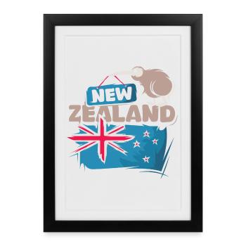 Nouvelle-Zélande Kiwi bande dessinée Nouvelle-Zélande nature dessin animé - Affiche encadrée (27 × 37 cm) - noir - Devant