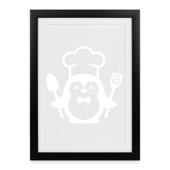 Penguin Chef Silhouette Minimalist with Spoon - Framed poster (27 × 37 cm) - black - Front