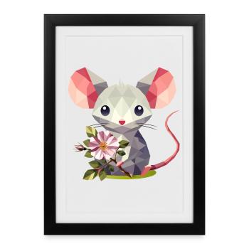 Mouse with dog rose – cute children's motif - Framed poster (27 × 37 cm) - black - Front