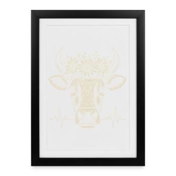 Vache alpine avec battement de cœur et couronne de fleurs - Affiche encadrée (27 × 37 cm) - noir - Devant