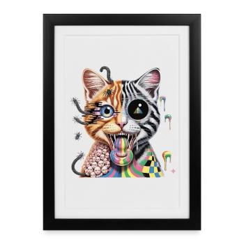 Neon Cyber Cat Fusion Art - Affiche encadrée (27 × 37 cm) - noir - Devant