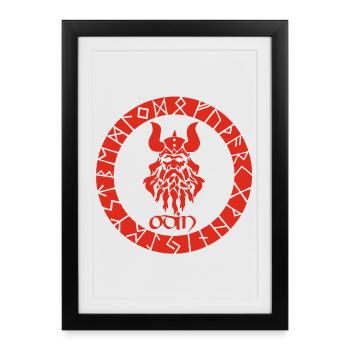 God Odin and Red Viking Runes - Framed poster (27 × 37 cm) - black - Front