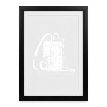 Lecteur de cassettes rétro avec casque – dessin - Affiche encadrée (27 × 37 cm) - noir - Devant