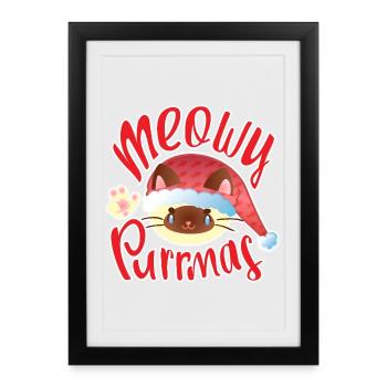 Meowy Purrmas – Süße Weihnachtskatze mit Mütze - Gerahmtes Poster (27 × 37 cm) - Schwarz - Vorne