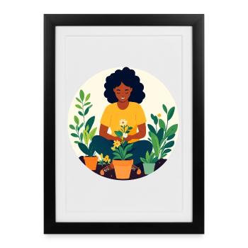 Woman Planting Potting Garden Motif - Framed poster (27 × 37 cm) - black - Front