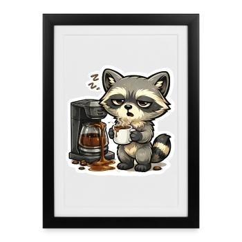 Coffee Raccoon – Tired raccoon with coffee machine - Framed poster (27 × 37 cm) - black - Front