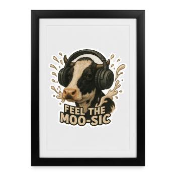 Feel the Moo-sic – Vache de musique drôle avec des écouteurs - Affiche encadrée (27 × 37 cm) - noir - Devant
