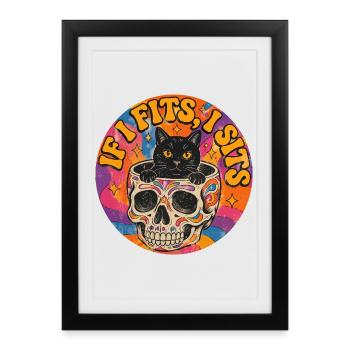 Chat dans un crâne : design de tatouage à l’ancienne - Affiche encadrée (27 × 37 cm) - noir - Devant