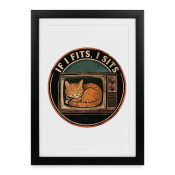 Chat Mignon Rétro TV If I Fits I Sits - Affiche encadrée (27 × 37 cm) - noir - Devant
