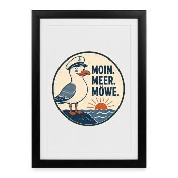 Moin Meer Möwe – Norddeutscher Küsten Spruch - Gerahmtes Poster (27 × 37 cm) - Schwarz - Vorne