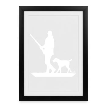 Chasseur avec chien à l'affût - Affiche encadrée (27 × 37 cm) - noir - Devant