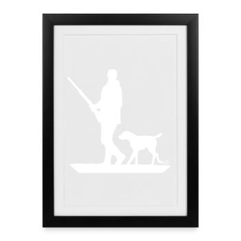 Chasseur avec chien de chasse à l'affût (blanc) - Affiche encadrée (27 × 37 cm) - noir - Devant