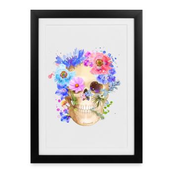 Colorful skull with flowers poppy - Framed poster (27 × 37 cm) - black - Front