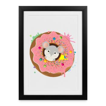 Souris grise assise dans le beignet avec glaçure rose - Affiche encadrée (27 × 37 cm) - noir - Devant