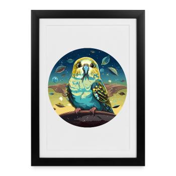 Drôle de perruche avec des ovnis dans l’espace - Affiche encadrée (27 × 37 cm) - noir - Devant