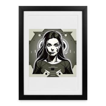 Cyber Girl dans un style de bande dessinée manga futuriste - Affiche encadrée (27 × 37 cm) - noir - Devant