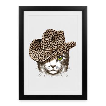 Portrait d’un chat avec un chapeau à l’aspect léopard - Affiche encadrée (27 × 37 cm) - noir - Devant