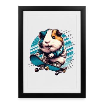 Cochon d’Inde cool sur un skateboard - Affiche encadrée (27 × 37 cm) - noir - Devant
