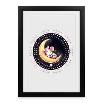 souris endormie paisiblement, sur un croissant de lune - Affiche encadrée (27 × 37 cm) - noir - Devant
