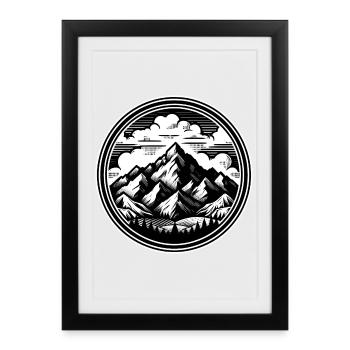 De hautes montagnes en arrière-plan, entourées de nuages - Affiche encadrée (27 × 37 cm) - noir - Devant