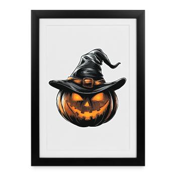 Citrouille avec chapeau de sorcière – Motif d’Halloween éclatant - Affiche encadrée (27 × 37 cm) - noir - Devant