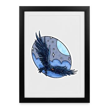 Corbeau en vol devant le ciel nocturne - Affiche encadrée (27 × 37 cm) - noir - Devant