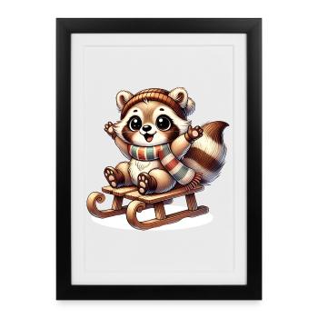 Cheerful raccoon on sleigh – winter fun motif - Framed poster (27 × 37 cm) - black - Front