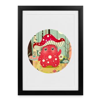 Funny mushroom monster in colorful forest - Framed poster (27 × 37 cm) - black - Front