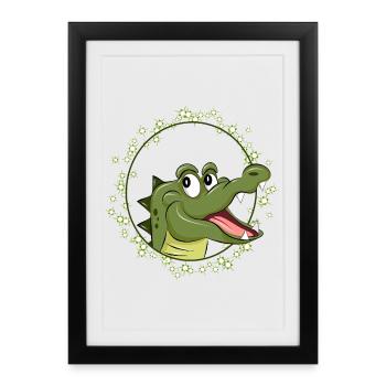 Crocodile rieur dans le style de la bande dessinée – Animal heureux - Affiche encadrée (27 × 37 cm) - noir - Devant