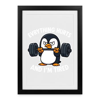 Grumpy Penguin Lifting Weights - Framed poster (27 × 37 cm) - black - Front