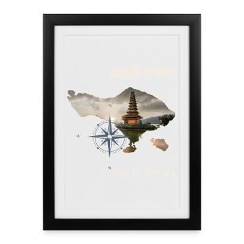 Contour de l'île de Bali avec temple et boussole - Affiche encadrée (27 × 37 cm) - noir - Devant