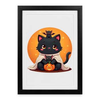 Chat d’Halloween avec citrouille d’Halloween - Affiche encadrée (27 × 37 cm) - noir - Devant