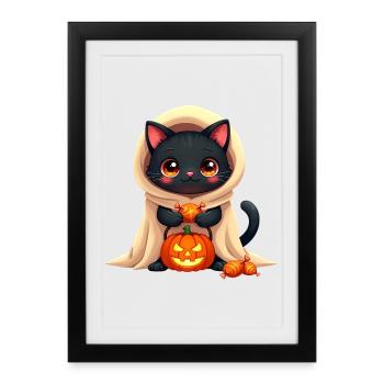 Chat d’Halloween avec citrouille d’Halloween - Affiche encadrée (27 × 37 cm) - noir - Devant