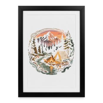 Camping en forêt de montagne au coin du feu - Affiche encadrée (27 × 37 cm) - noir - Devant