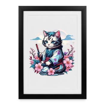 Chat Ninja Kawaii japonais - Affiche encadrée (27 × 37 cm) - noir - Devant