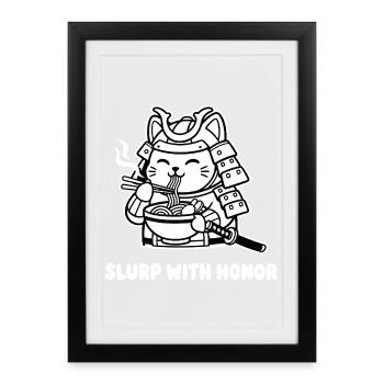 Samurai cat eating noodles - Framed poster (27 × 37 cm) - black - Front