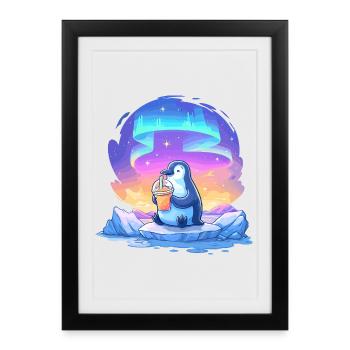 Pingouin Aurore avec Drink - Affiche encadrée (27 × 37 cm) - noir - Devant