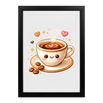 Tasse de café mignonne avec illustration de visage - Affiche encadrée (27 × 37 cm) - noir - Devant